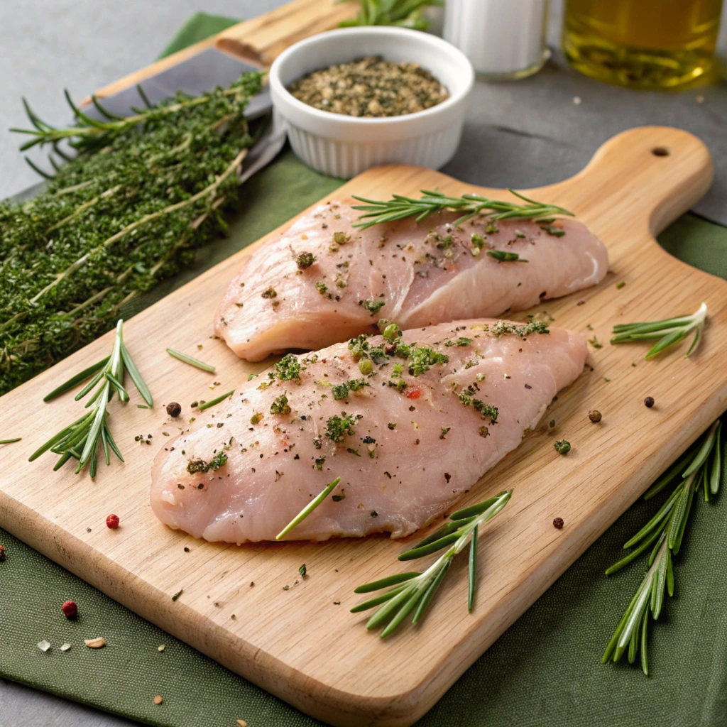 Preparing thin cut chicken breast with herbs