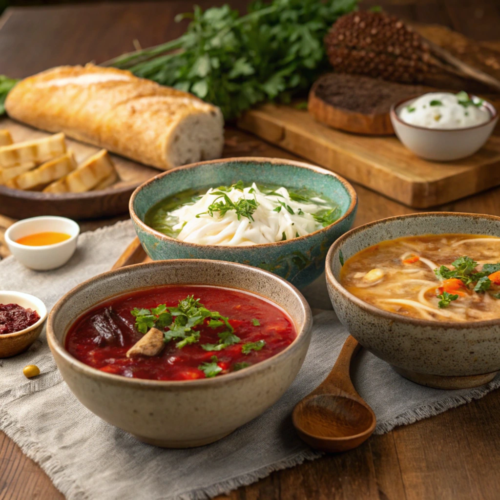 A collection of popular soups, including a bowl of vibrant borscht, creamy clam chowder, and hearty beef stew.