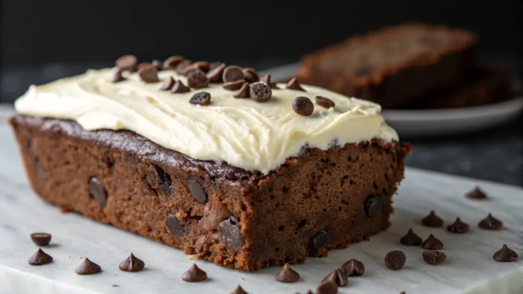 A slice of chocolate zucchini bread with cream cheese frostin