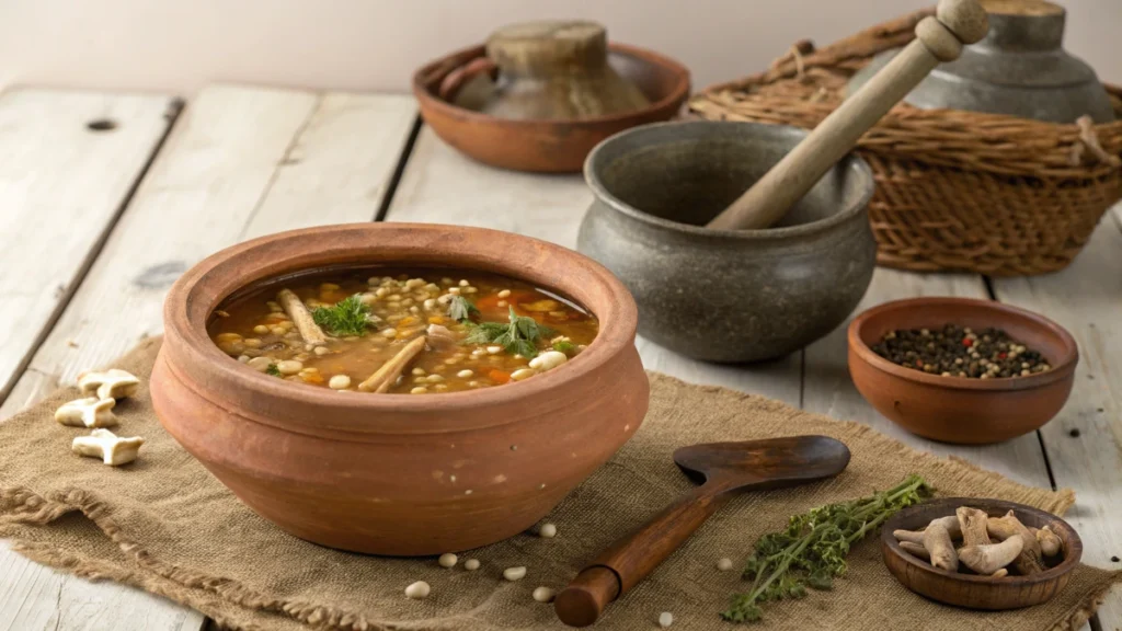 A rustic clay pot filled with soup, symbolizing the history of soups.