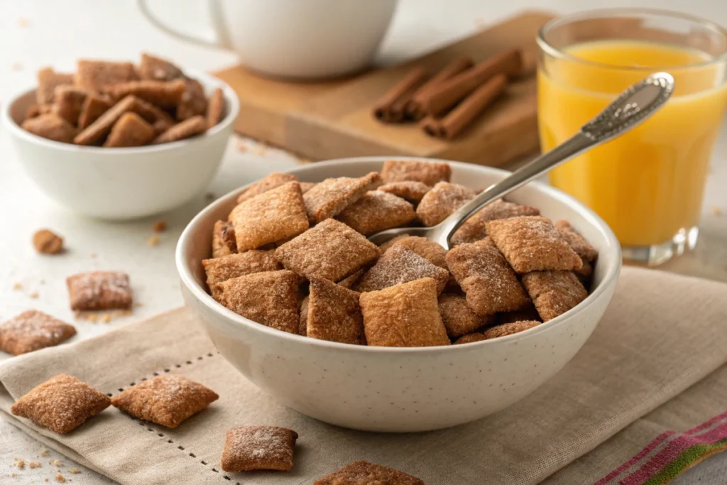  A bowl filled with crispy, square-shaped cereal pieces coated in cinnamon and sugar, resembling Cinnamon Toast Crunch, placed on a breakfast table. A spoon rests inside the bowl, with a few cereal pieces scattered around. A glass of orange juice sits nearby, creating a warm and inviting breakfast scene