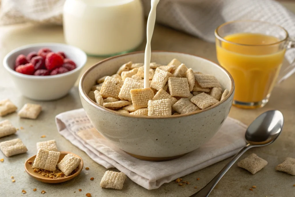 A bowl filled with square-shaped, lightly textured cereal pieces