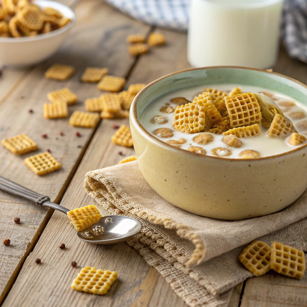 Bowl of crispy waffle cereal with milk, highlighting the golden waffle shapes and crunchy texture