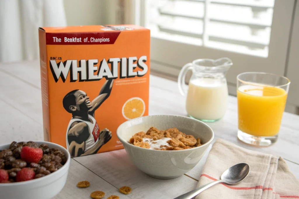 A box of Wheaties cereal prominently displayed on a breakfast table, featuring an iconic athlete on the packaging