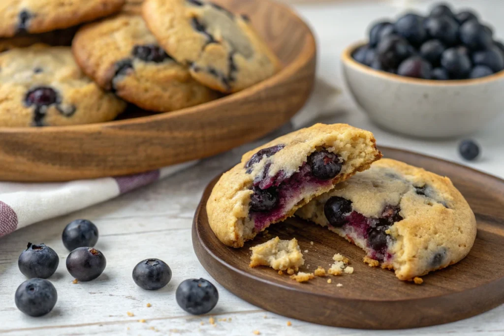 A close-up of a freshly baked blueberry cookie broken in half, revealing a soft, gooey center filled with juicy blueberries. The cookie has a golden brown exterior with crisp edges and a tender, buttery interior. In the background, more blueberry cookies are stacked on a rustic wooden plate, with fresh blueberries scattered around, enhancing the warm and inviting atmosphere.