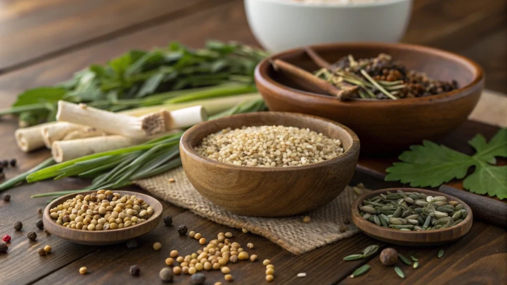 A clay pot filled with ancient soup ingredients such as barley, millet, wild rice, animal bones, mustard seeds, and wild garlic, placed on a rustic wooden table with traditional cooking tools nearby.