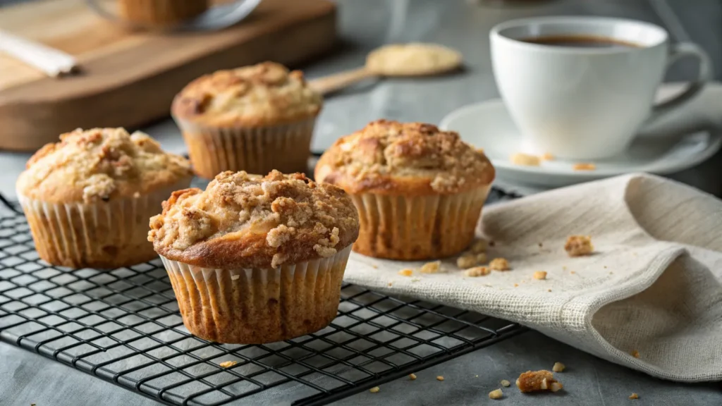 A close-up shot of freshly baked banana crumb muffins on a cooling rack, with a warm and inviting background.