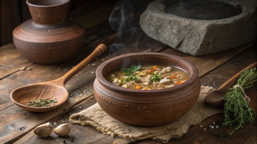 A rustic clay pot filled with soup, symbolizing the history of soups.