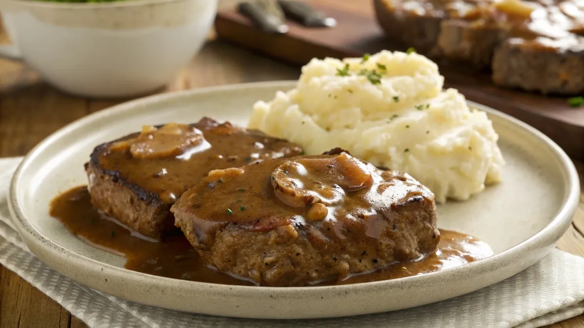 slow cooker cube steak with gravy, paired with creamy mashed potatoes on a white plate.