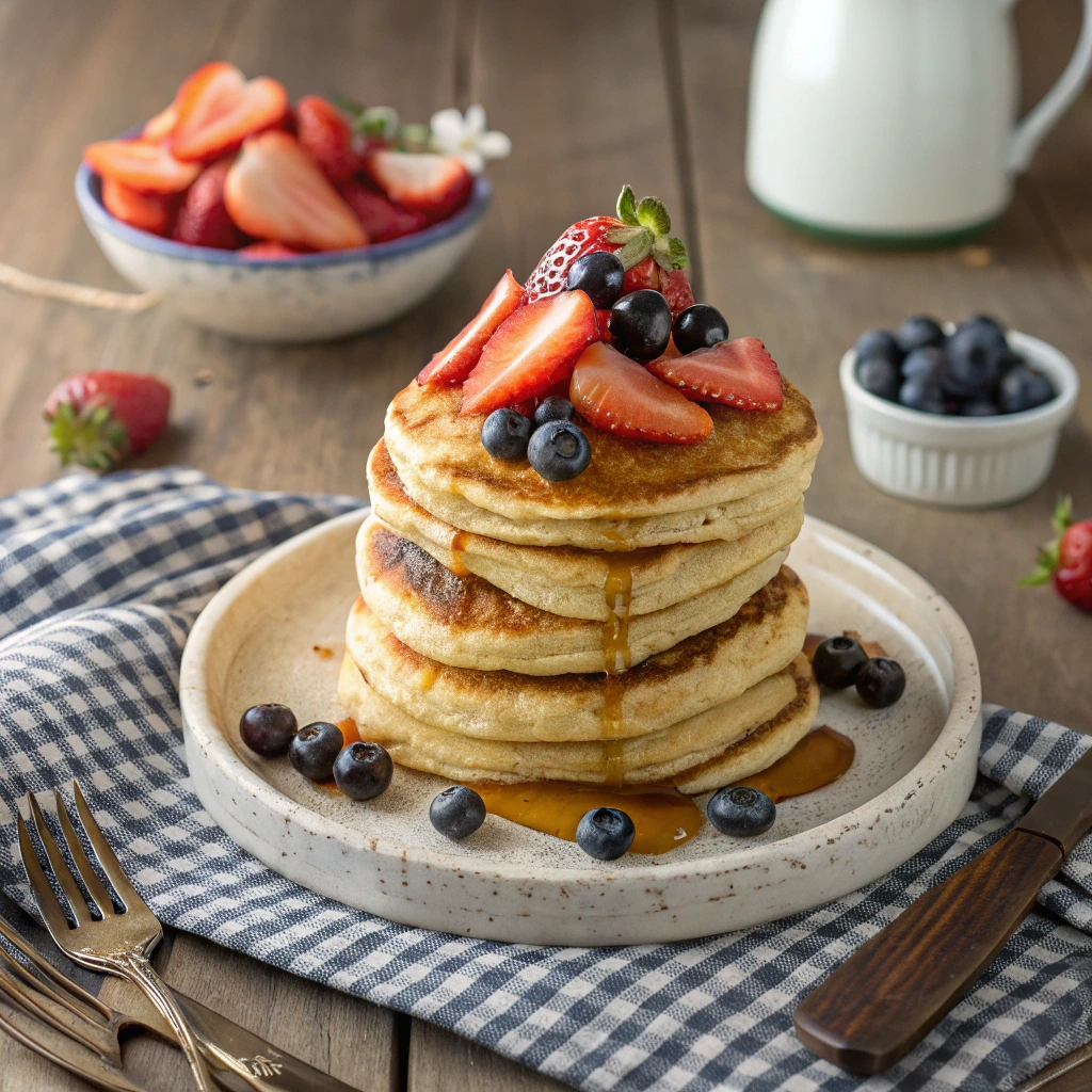 Stack of fluffy pancakes made with egg substitutes, topped with fresh berries and maple syrup.