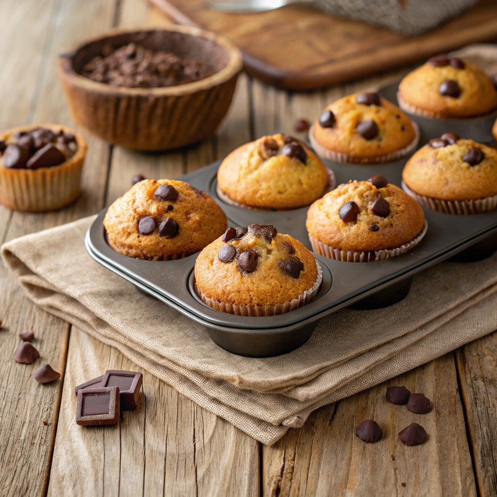 Freshly baked mini chocolate chip muffins on a cooling rack with chocolate chips scattered around