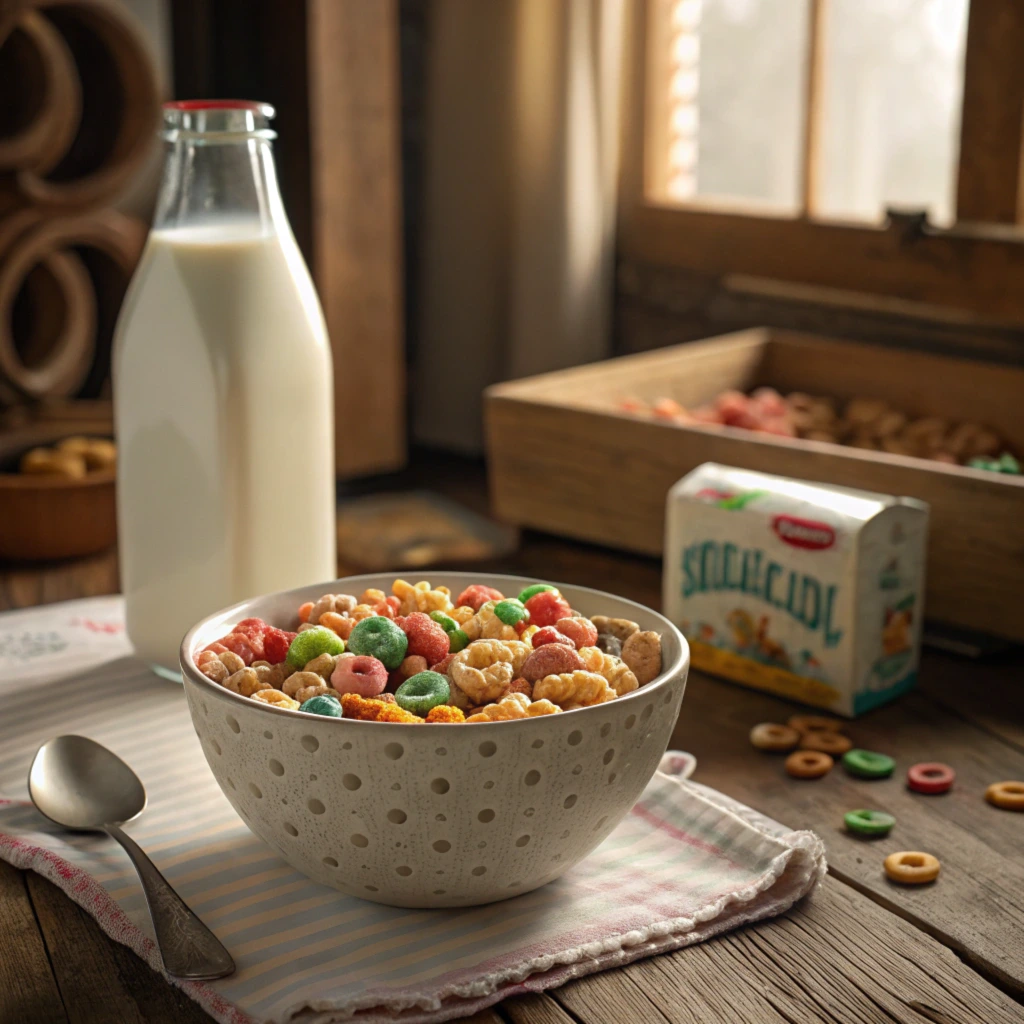 A bowl of Waffle Crisp cereal showcasing its waffle-like pieces with milk