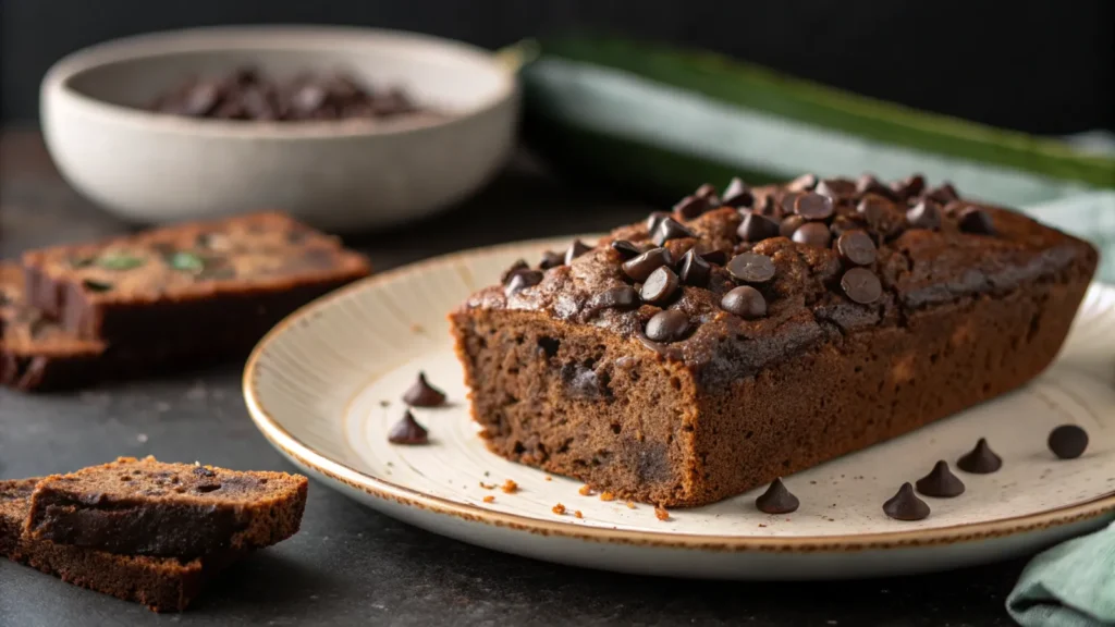 A slice of moist chocolate zucchini bread on a plate.