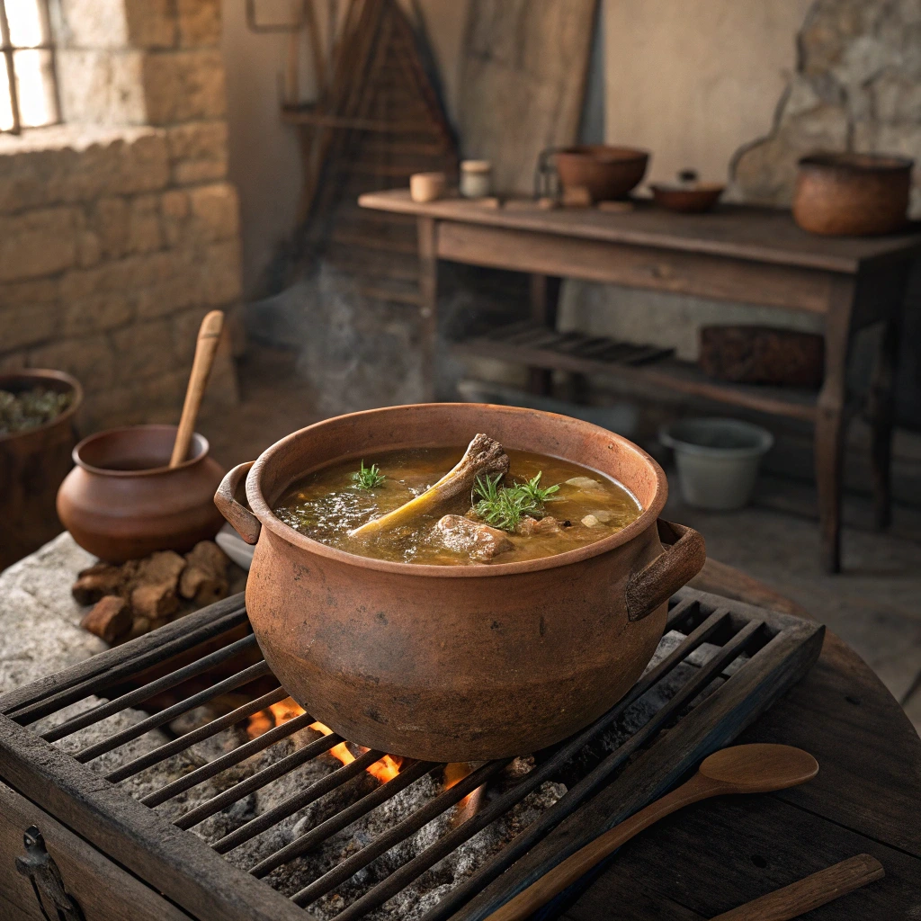 Ancient-style clay pot over an open fire, simmering soup made with bones, herbs, and grains.