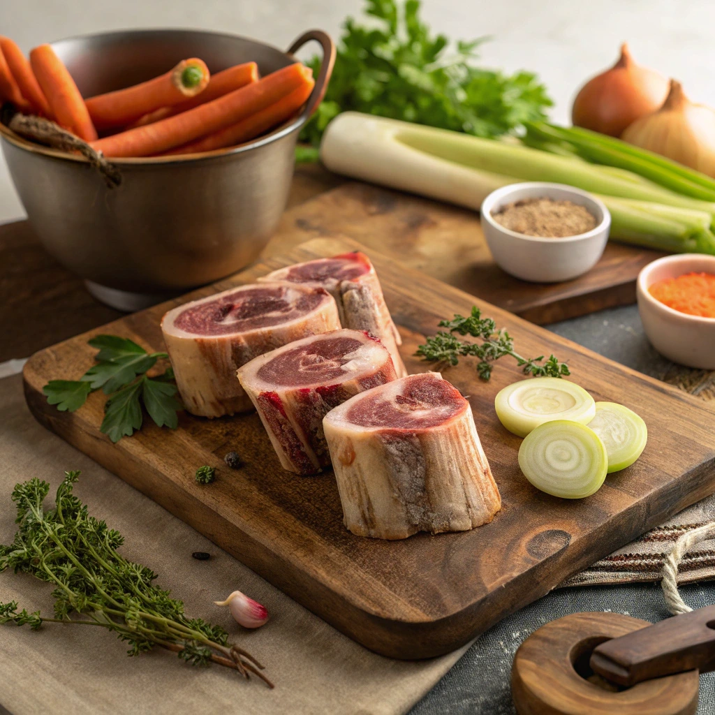 Soup bones arranged on a wooden board with vegetables for broth preparation.