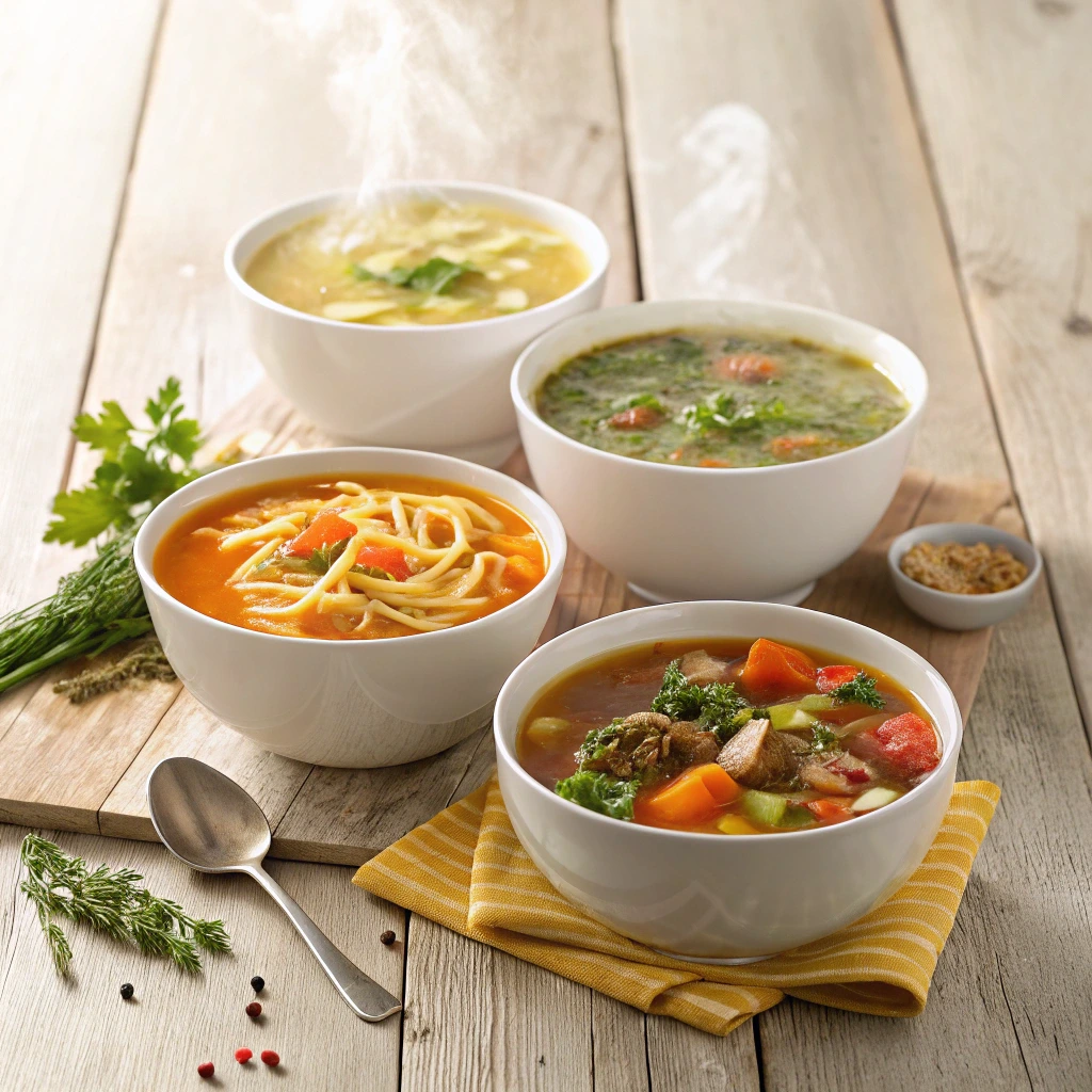 A bowl of soup showcasing different soup types, including clear, thick, cold, and dessert options.