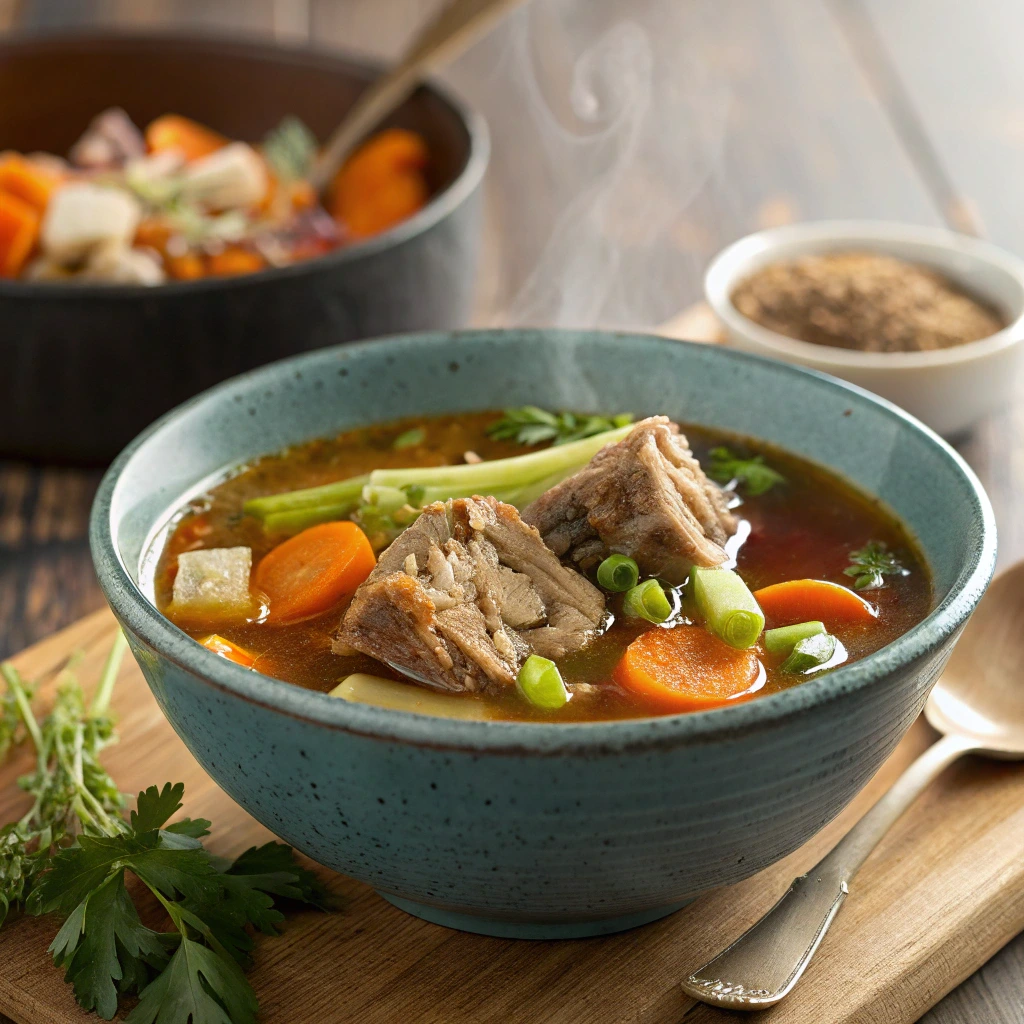 A pot of simmering soup bones with vegetables and herbs, creating a rich broth.