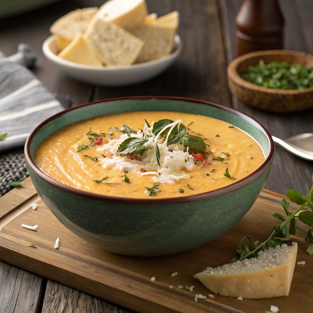 A bowl of creamy thick soup garnished with herbs, showcasing its rich and velvety texture.