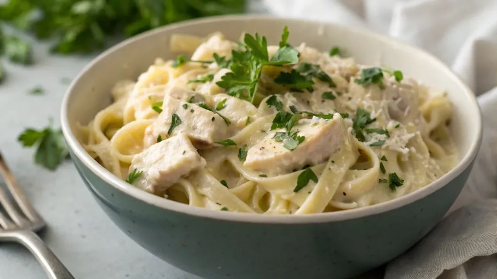 A serving of slow cooker chicken alfredo garnished with parsley.