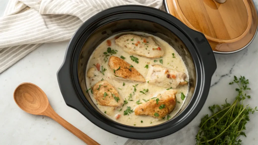 Slow cooker with chicken breasts beginning to cook in alfredo sauce base.