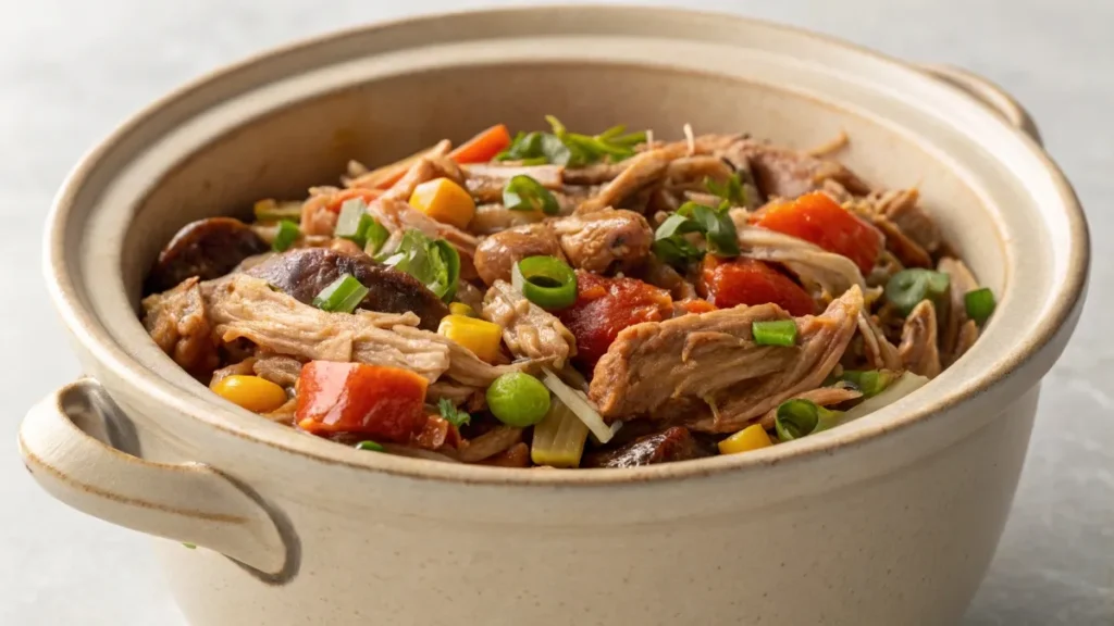 An artfully plated individual serving of a high-protein slow cooker meal in a ceramic bowl, showcasing visible shredded chicken, beef chunks, vibrant vegetables, and elegant garnishes with restaurant like visual aesthetics, shot in a well-lit setting.